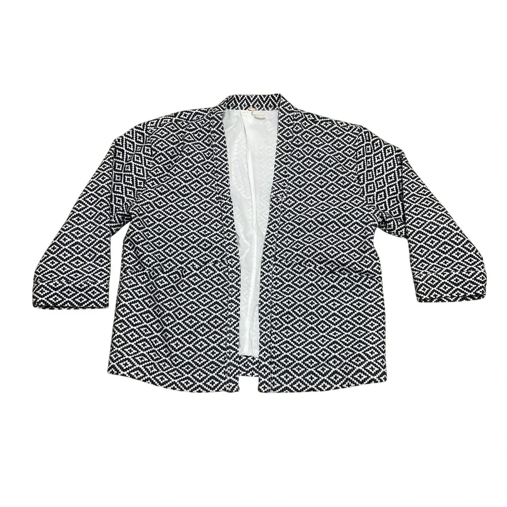 Free People Women's Lg Lulu Black White Geometric Diamond Jacquard Open Jacket